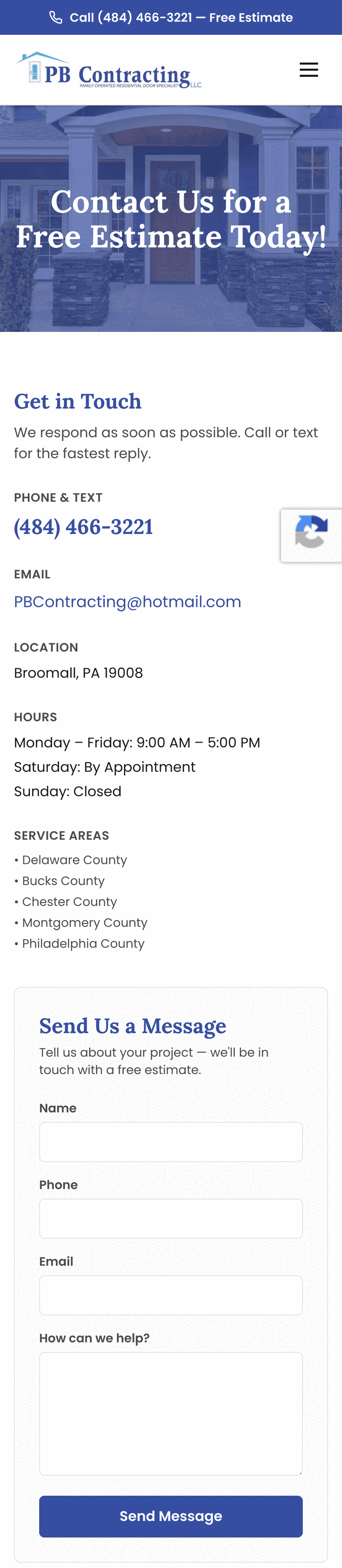 PB Contracting new contact page on mobile