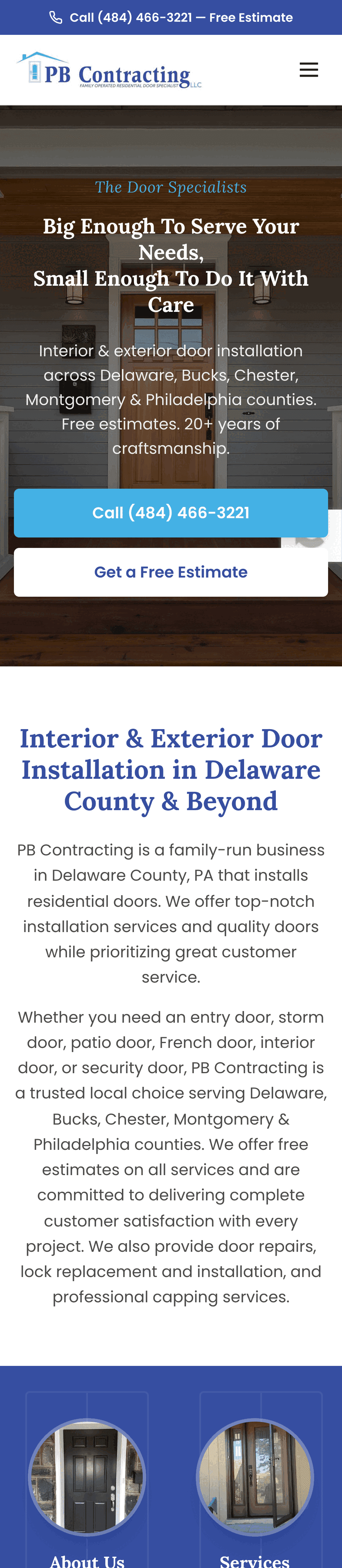PB Contracting new home page on mobile